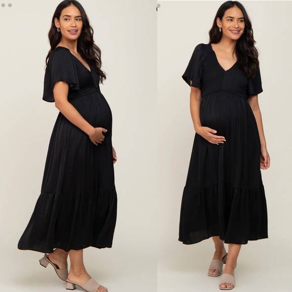 Pinkblush Black Smocked V Neck Flutter Sleeve Maternity Midi Dress - Picture 10 of 10